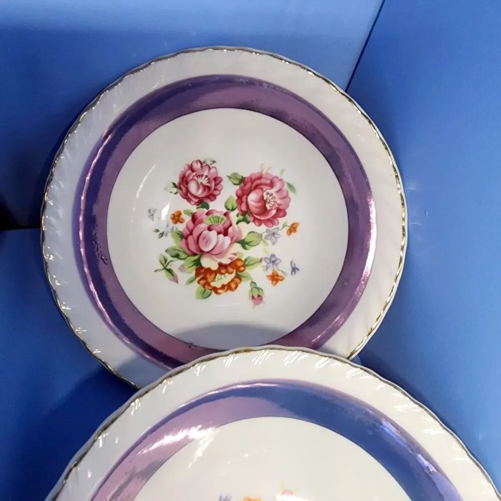 6 Westwood Luster Floral Bowls Gold Trim Purple Set 5 1/2